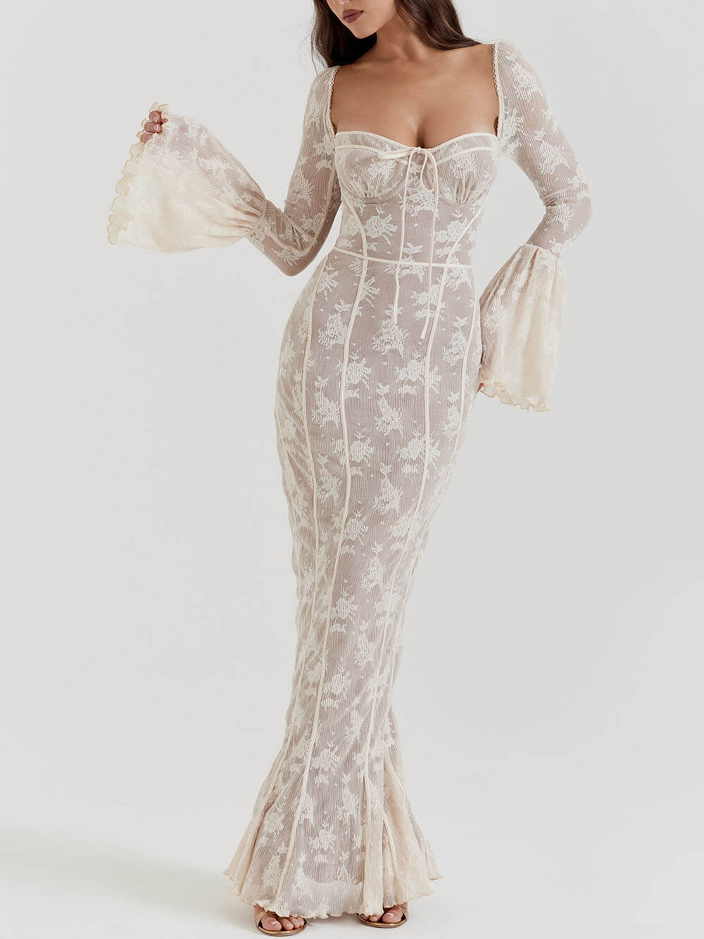 Vintage creme kanten maxi-jurk