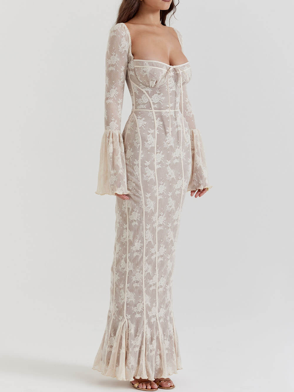 Vintage creme kanten maxi-jurk