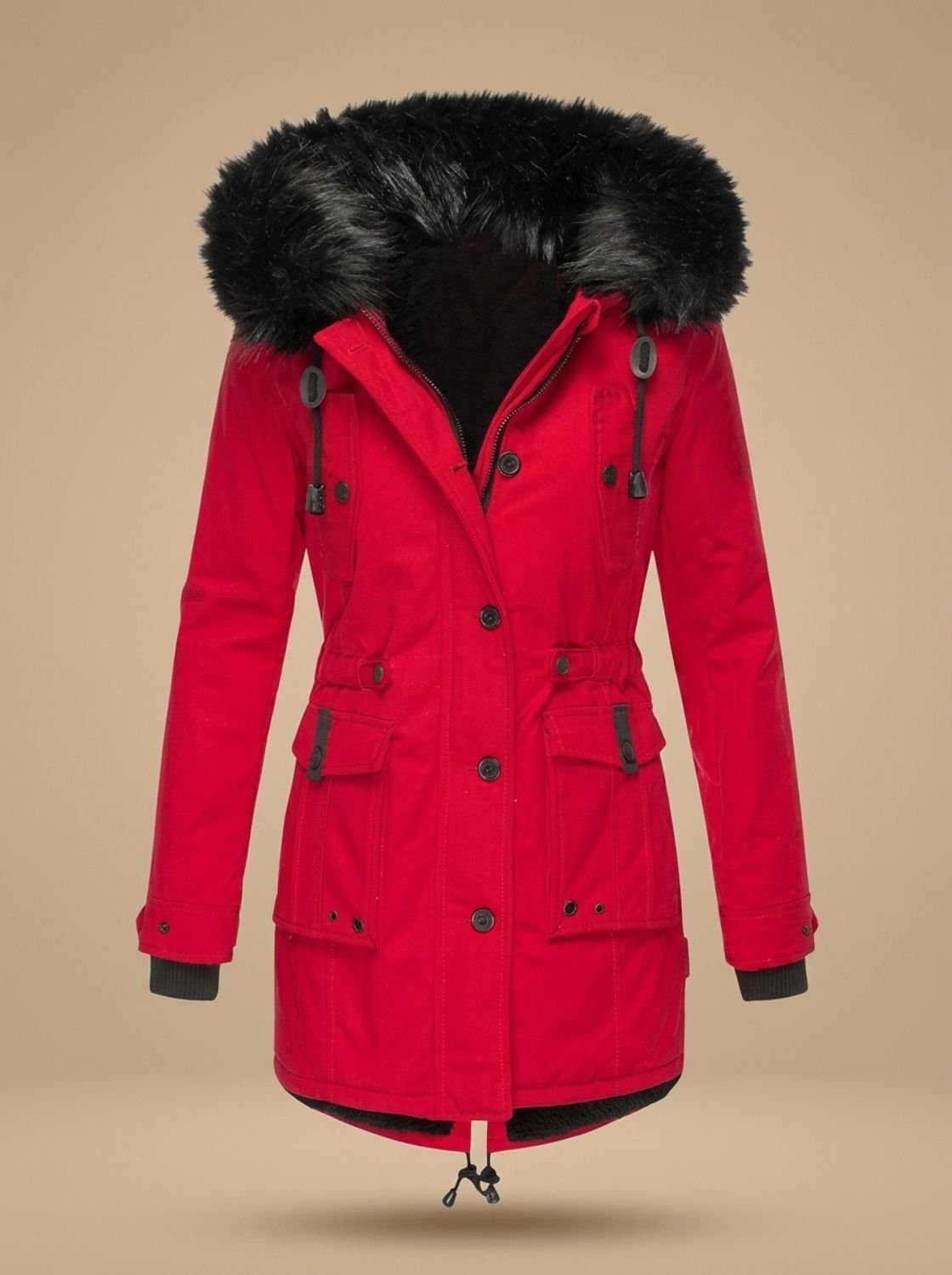 Damen Winterparka mit Kunstfellkapuze Taillenzug Knöpfen - Rot