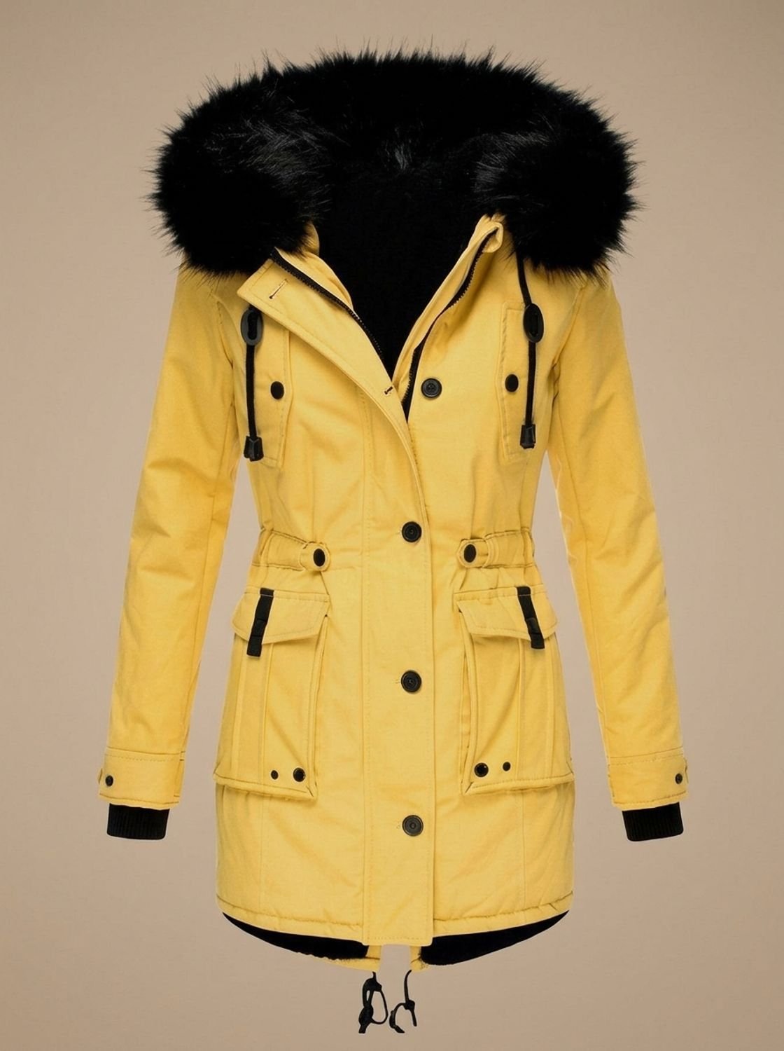 Damen Winterparka mit Kunstfellkapuze Taillenzug Knöpfen - Gelb