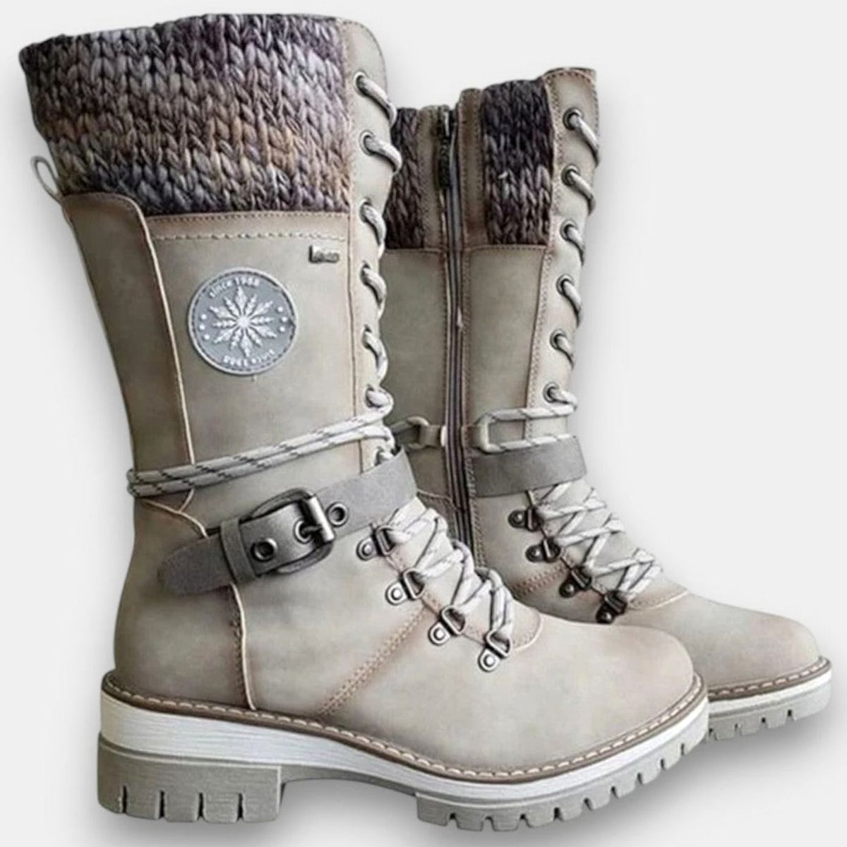 Damen Schnür-Winterstiefel mit Strickschaft und Blockabsatz - Grau