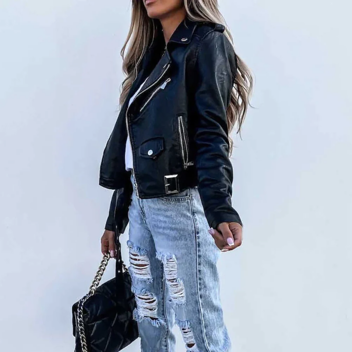 Bikerjacke Damen | Taillenlang & Diagonaler Reißverschluss 3