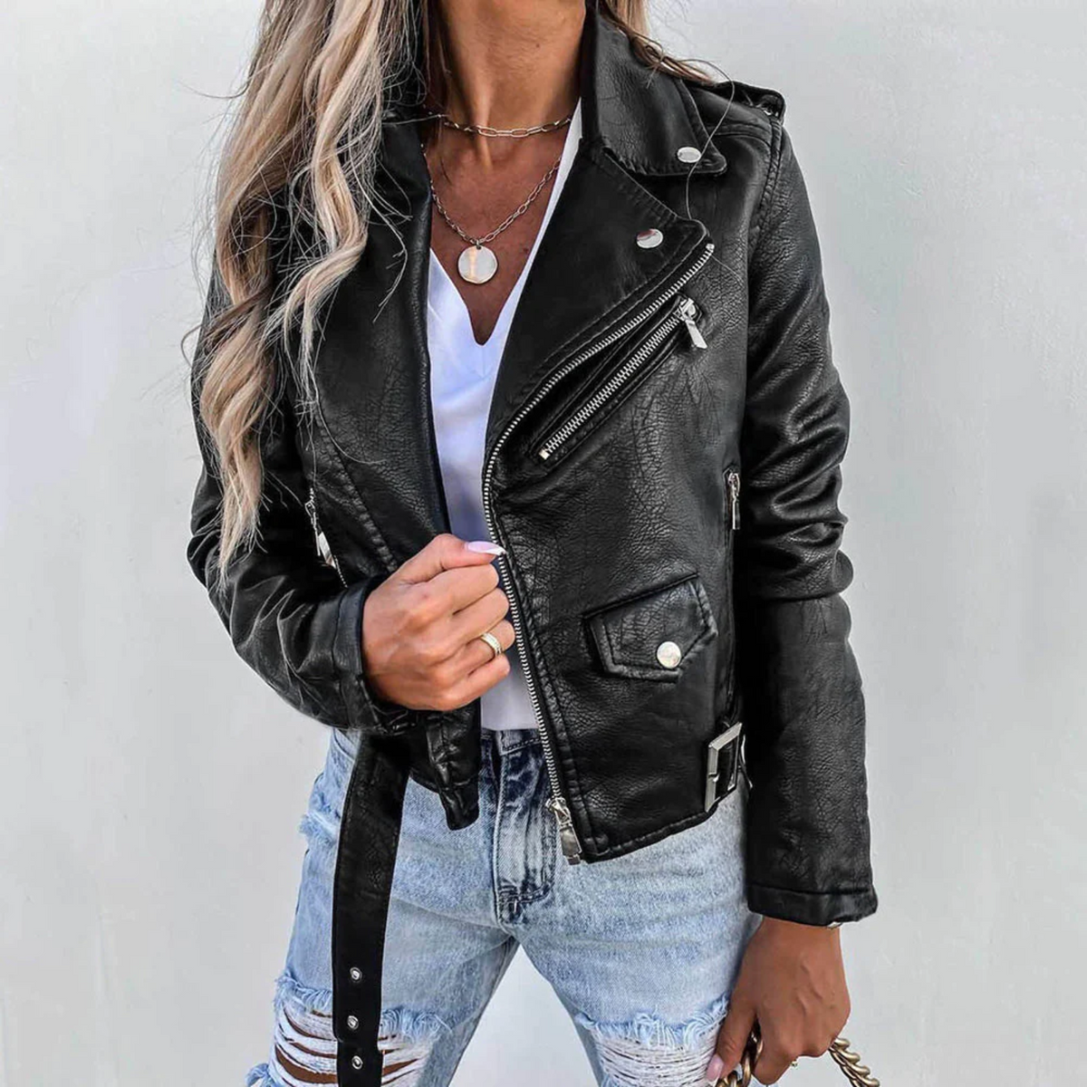 Bikerjacke Damen | Taillenlang & Diagonaler Reißverschluss 4