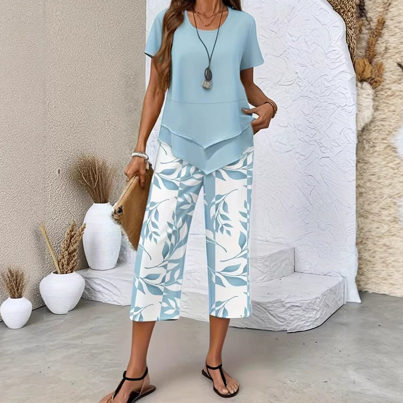 Zweiteiler Damen Sommer | Chiffon-Top & Blumenprint-Hose im Set
