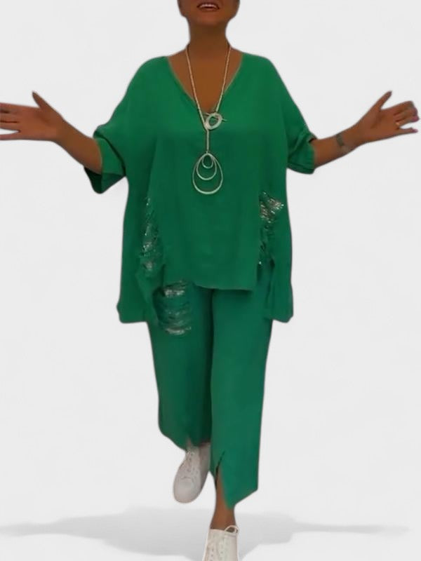 Zweiteiler Set Damen | Oversize-Top & Fransen-Detail