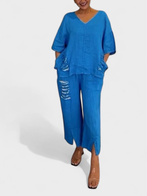 Zweiteiler Set Damen | Oversize-Top & Fransen-Detail
