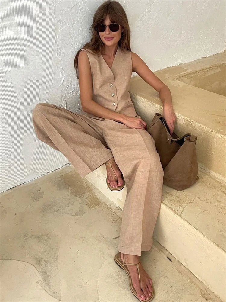 Annika | Damen Leinen Zweiteiler Westen-Set mit weiten Plissee-Hosen 1
