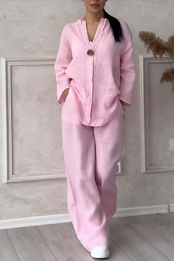 Damen-Leinen-Set mit V-Ausschnitt-Top und weiten Hosen 0