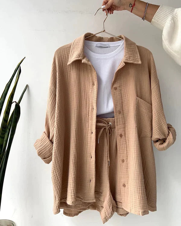 Zweiteiliges Set mit Plissee Damen | Oversized Hemd & Shorts mit Tunnelzug
