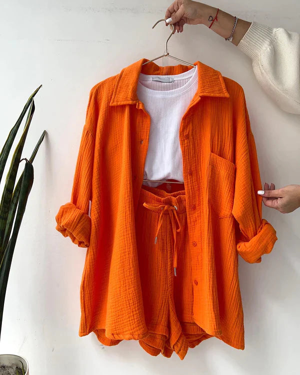 Zweiteiliges Set mit Plissee Damen | Oversized Hemd & Shorts mit Tunnelzug