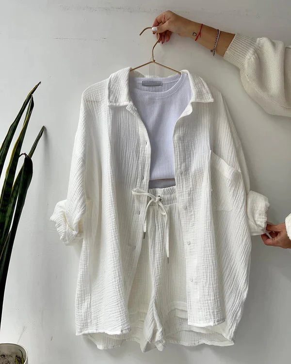 Zweiteiliges Set mit Plissee Damen | Oversized Hemd & Shorts mit Tunnelzug