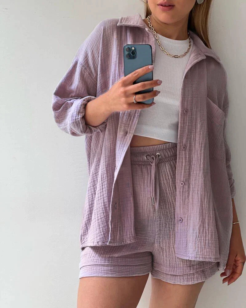 Zweiteiliges Set mit Plissee Damen | Oversized Hemd & Shorts mit Tunnelzug
