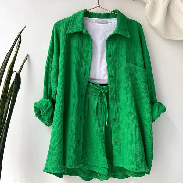 Zweiteiliges Set mit Plissee Damen | Oversized Hemd & Shorts mit Tunnelzug