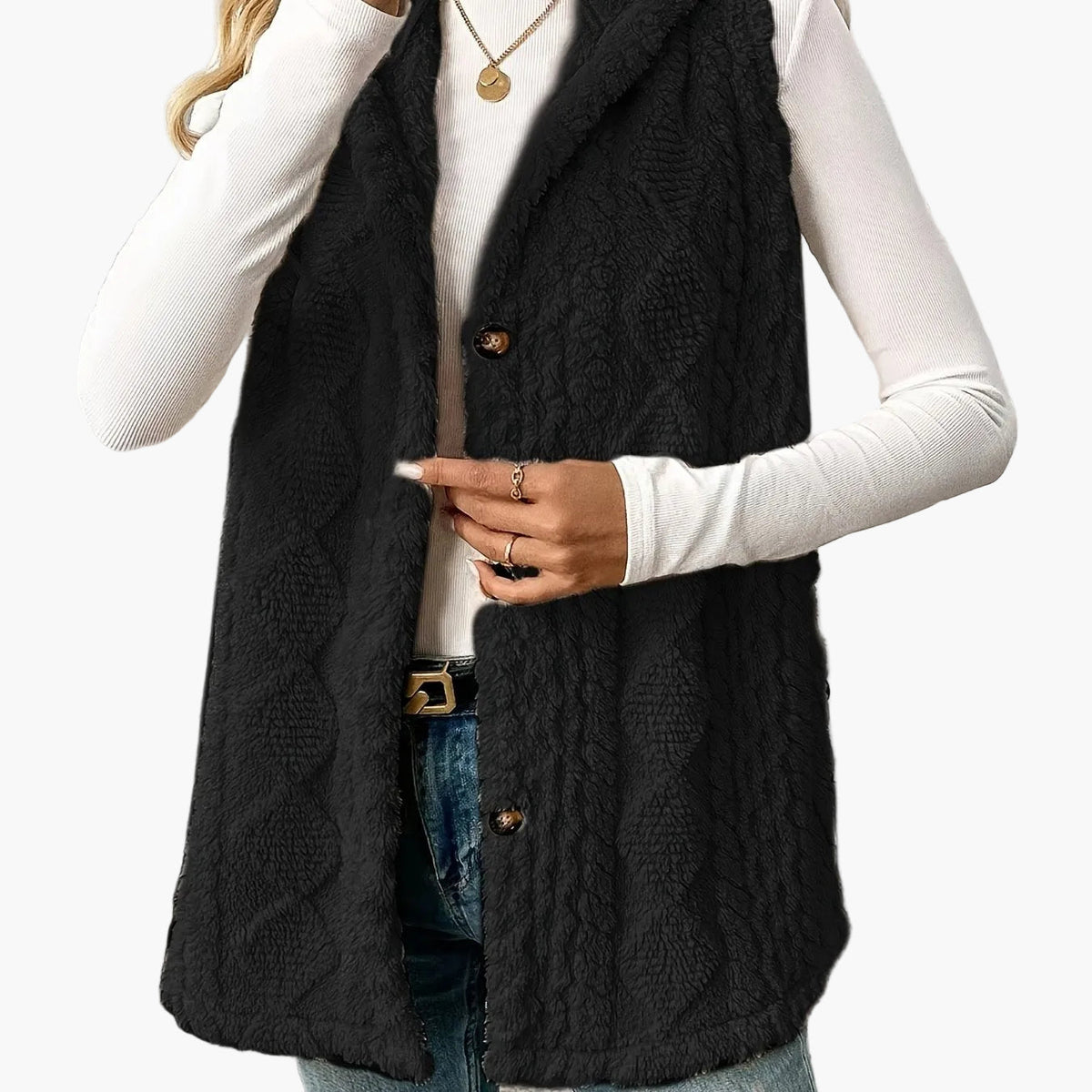Strickweste Damen lang | Mit Kapuze & Knopfleiste 11
