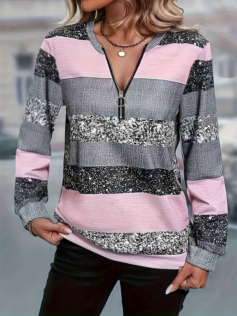 Damen Streifenpullover Reißverschluss Kragen Casual 1