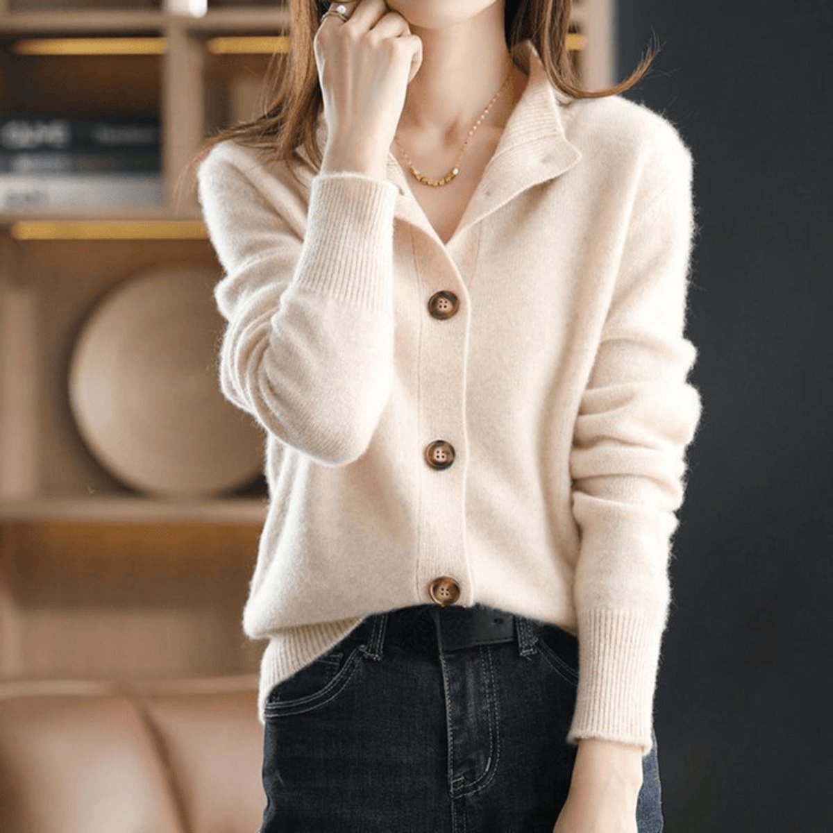 Damen Kaschmirmix Strick Cardigan mit Knopfleiste - Beige