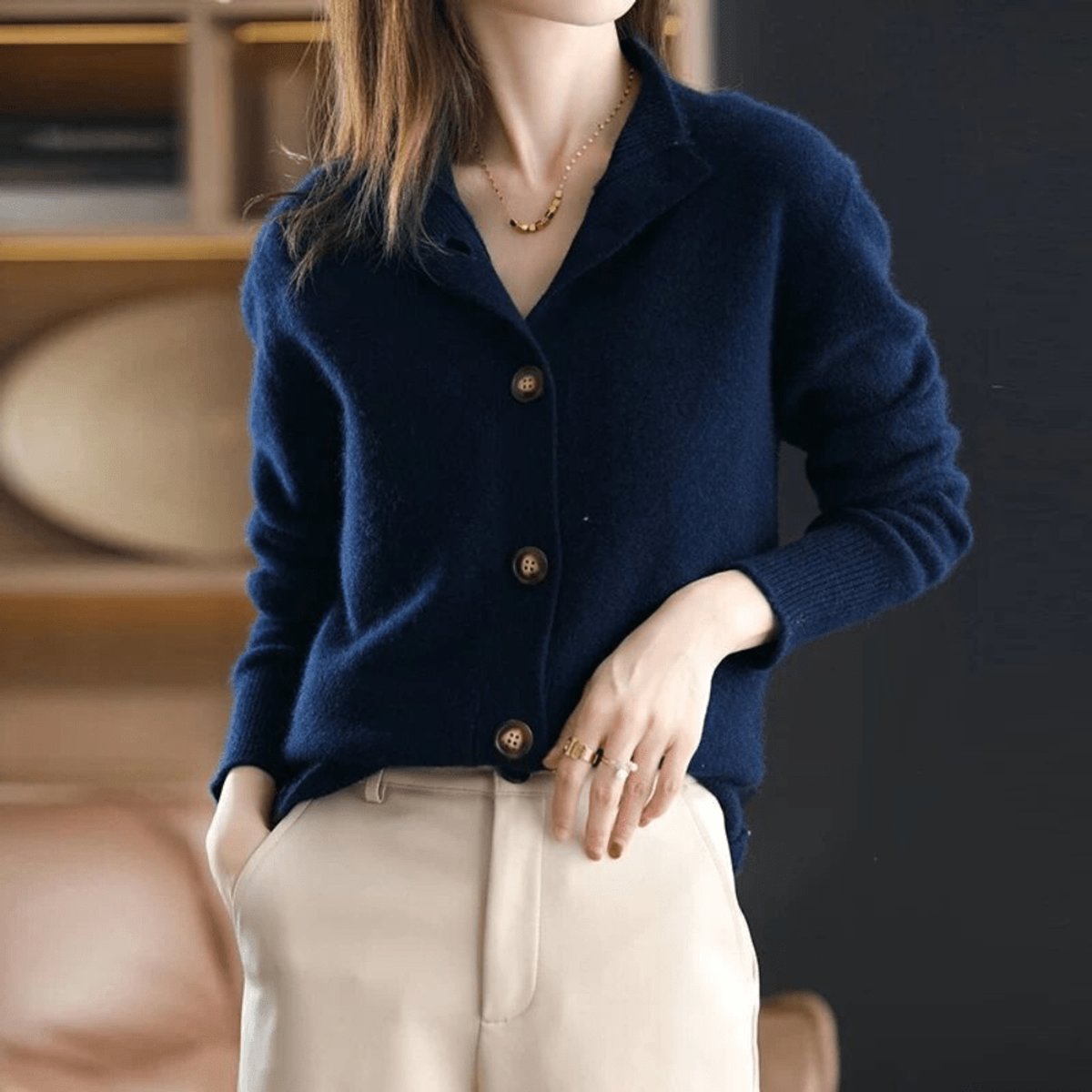 Damen Kaschmirmix Strick Cardigan mit Knopfleiste - Dunkelblau