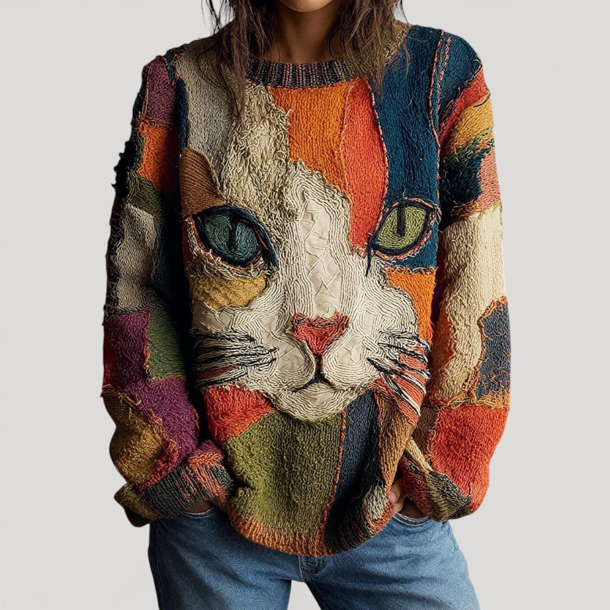 Damen Katzen-Motiv Bunter Strickpullover Rundhals Relaxed Fit - Mehrfarbig