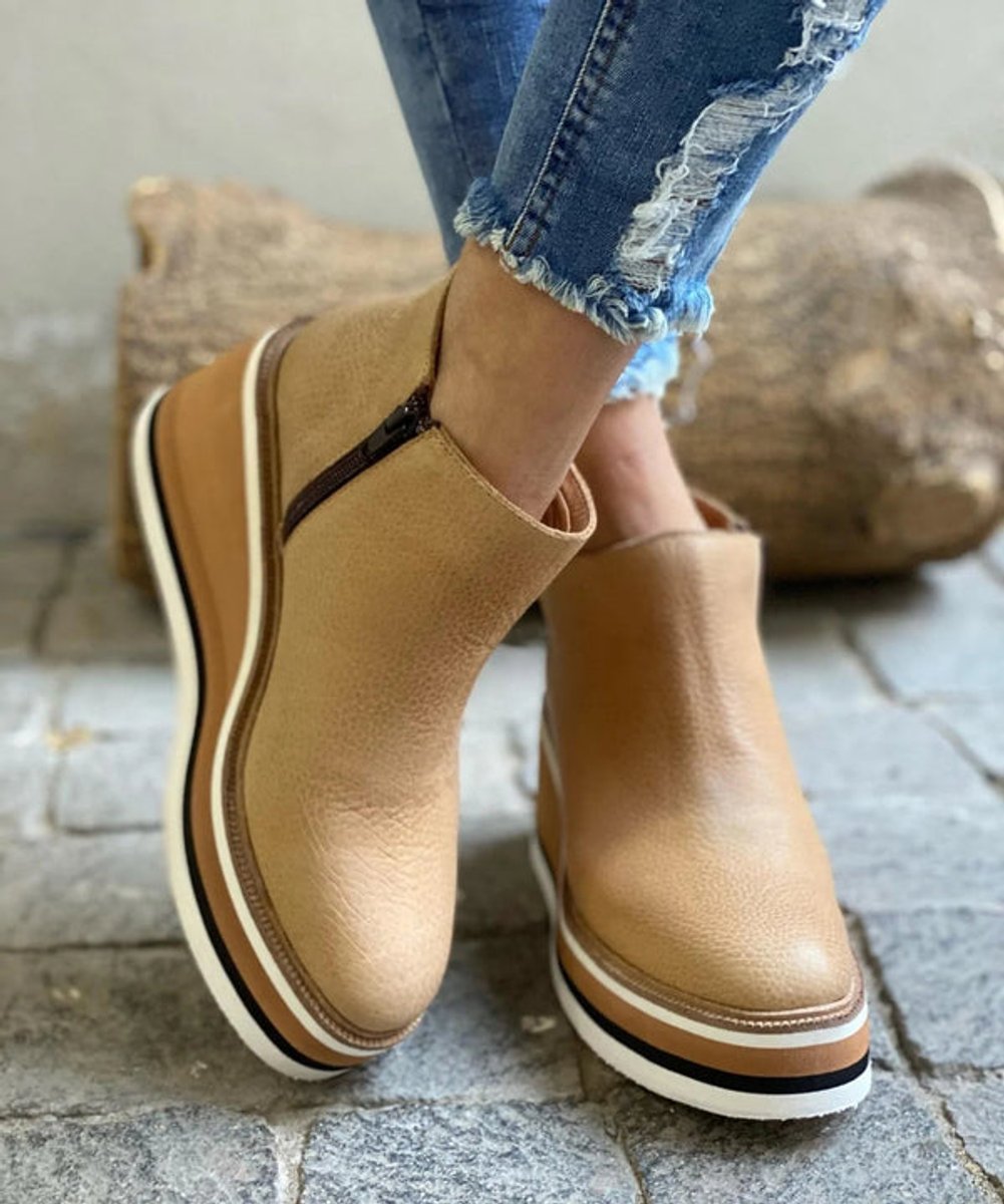 Damen Keilabsatz Ankle Boots mit Plateau und Reißverschluss - Khaki