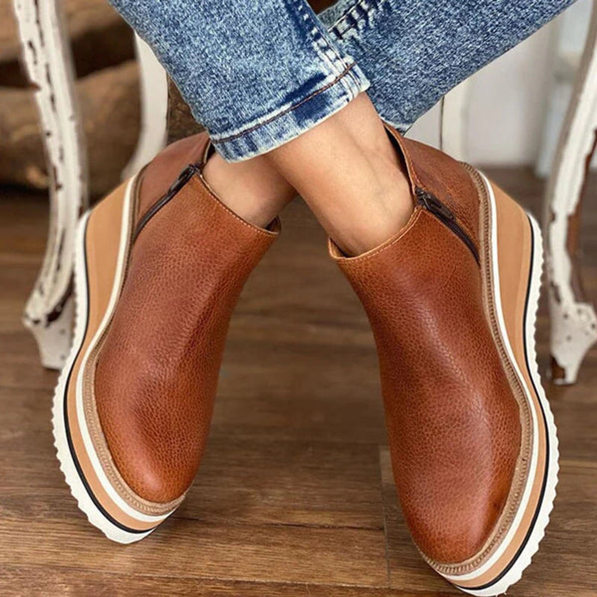 Damen Keilabsatz Ankle Boots mit Plateau und Reißverschluss - Dunkelbraun