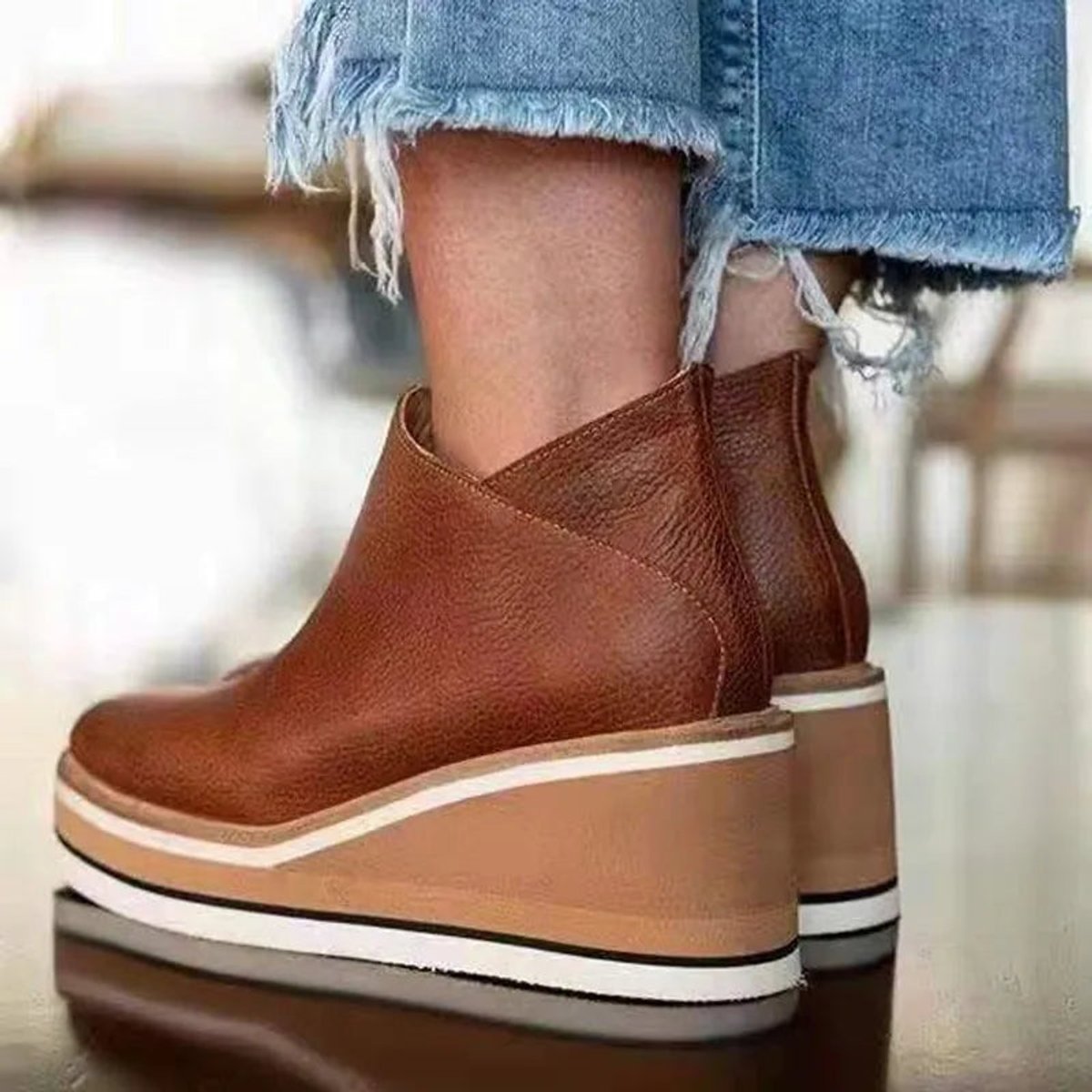 Damen Keilabsatz Ankle Boots mit Plateau und Reißverschluss