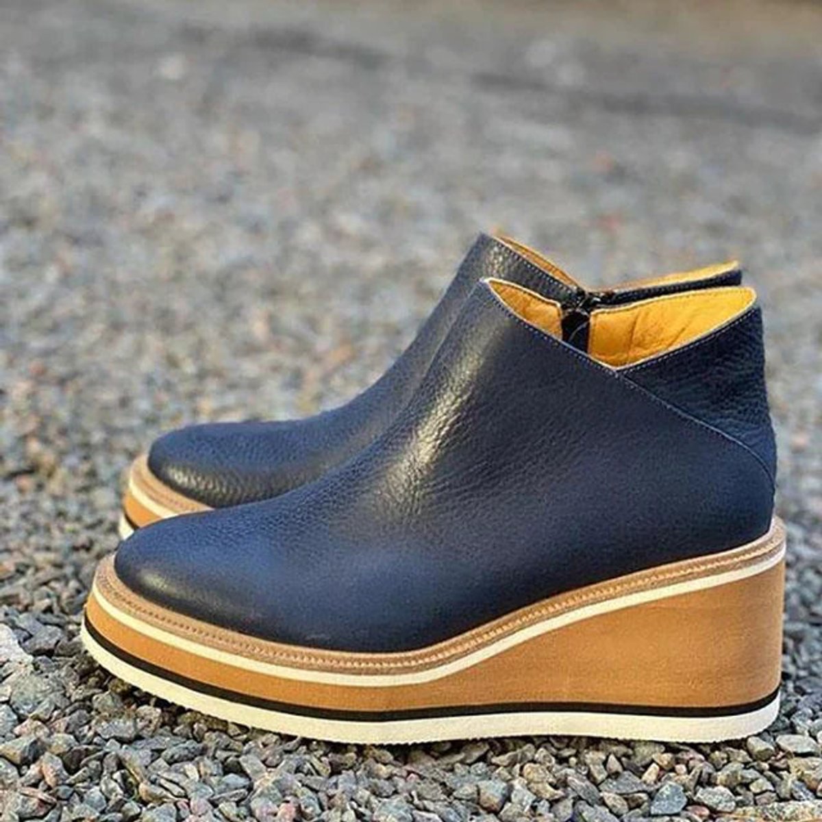 Damen Keilabsatz Ankle Boots mit Plateau und Reißverschluss - Dunkelblau