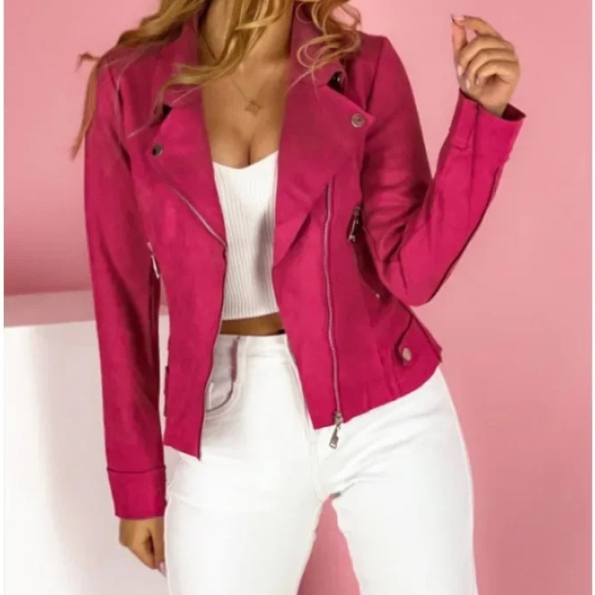 Damen Kunstleder Bikerjacke mit Umlegekragen und Reißverschluss