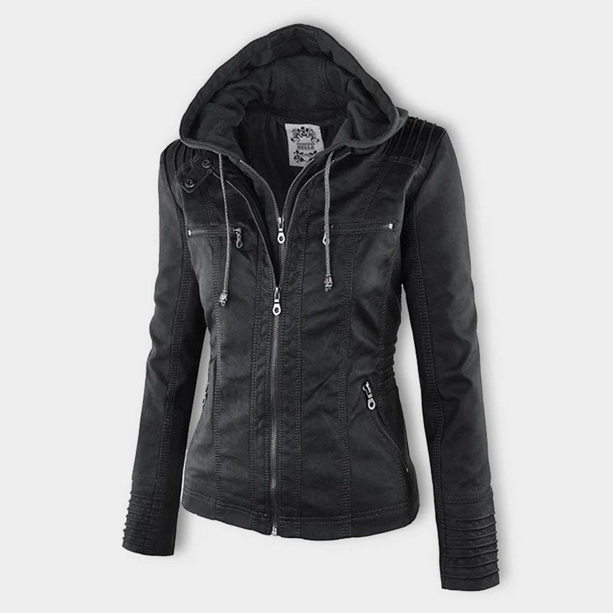 Damen Kunstleder Kapuzenjacke mit Reißverschluss Taillierter Women Coat