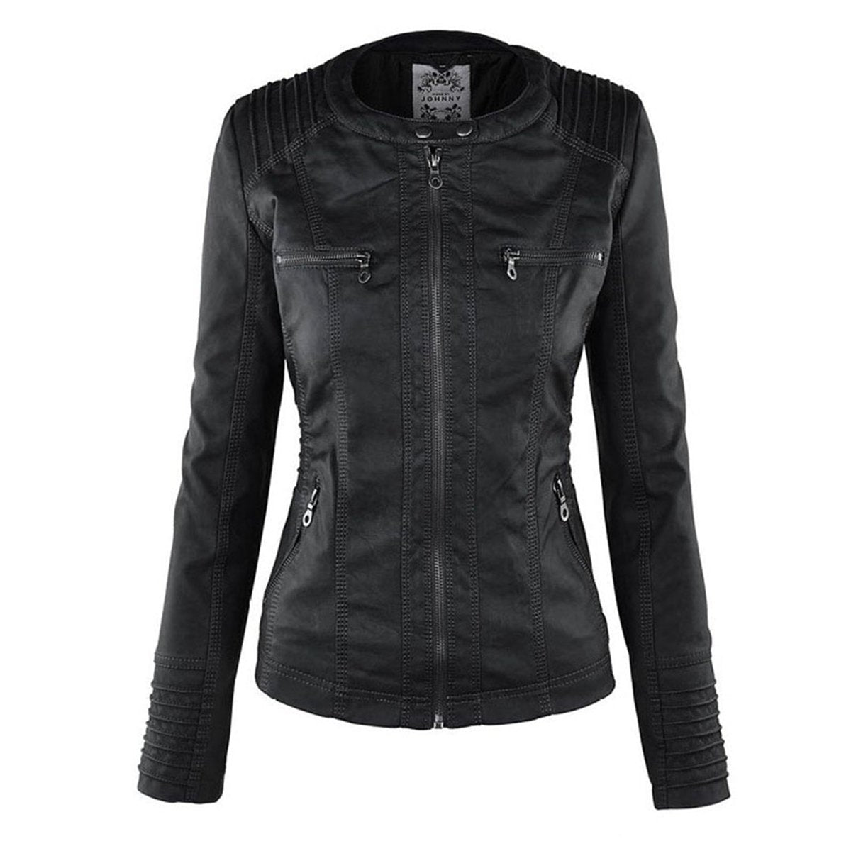 Damen Kunstleder Kapuzenjacke mit Reißverschluss Taillierter Women Coat