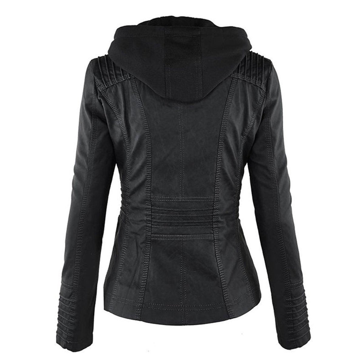 Damen Kunstleder Kapuzenjacke mit Reißverschluss Taillierter Women Coat