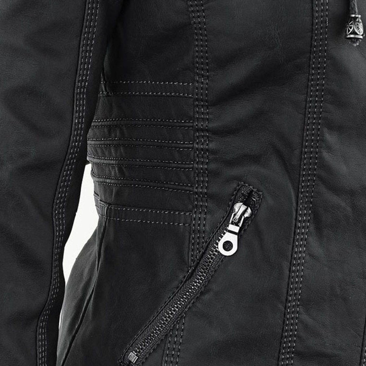 Damen Kunstleder Kapuzenjacke mit Reißverschluss Taillierter Women Coat