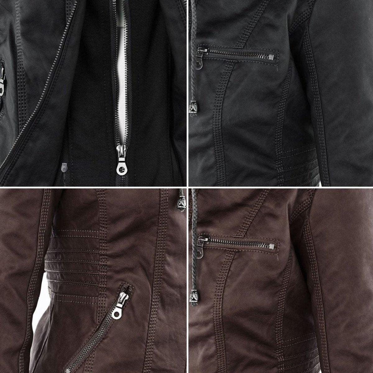 Damen Kunstleder Kapuzenjacke mit Reißverschluss Taillierter Women Coat