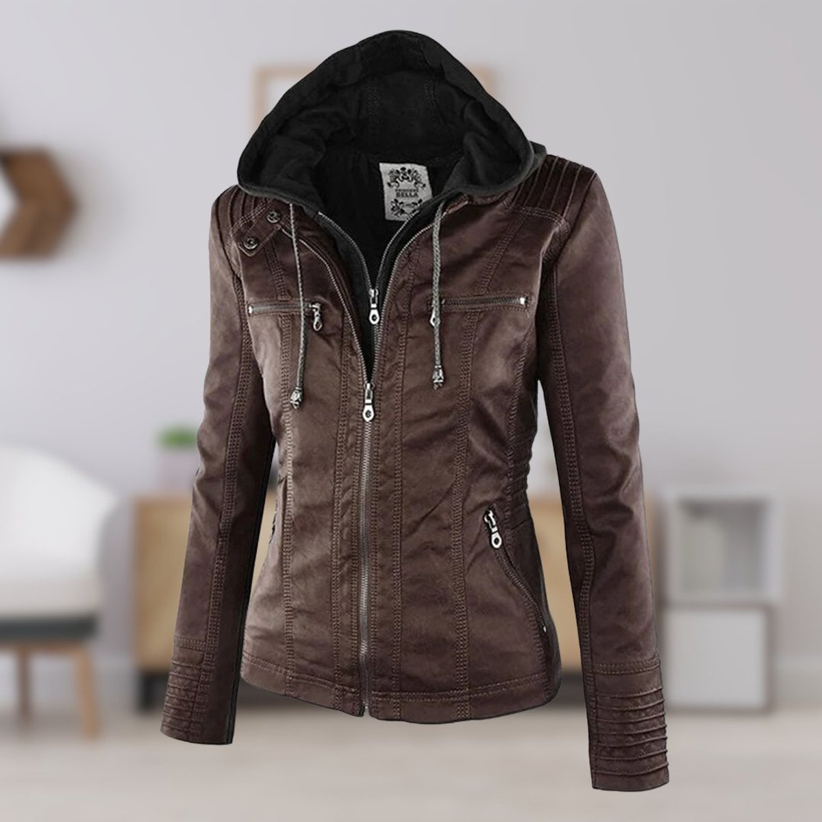 Damen Kunstleder Kapuzenjacke mit Reißverschluss Taillierter Women Coat - Braun