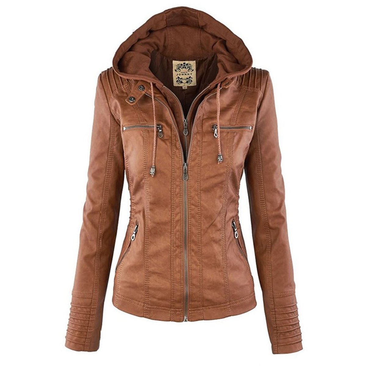 Damen Kunstleder Kapuzenjacke mit Reißverschluss Taillierter Women Coat