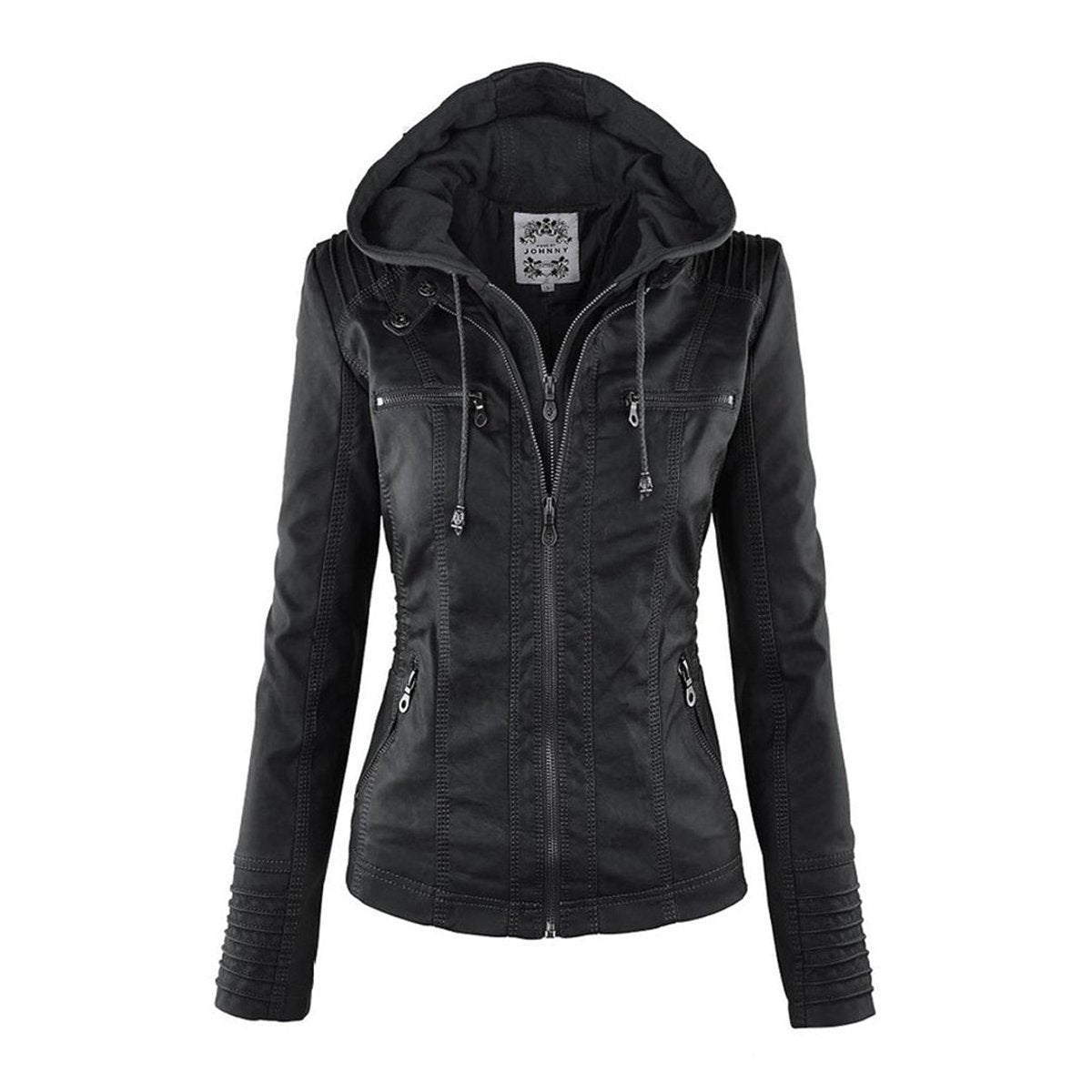 Damen Kunstleder Kapuzenjacke mit Reißverschluss Taillierter Women Coat