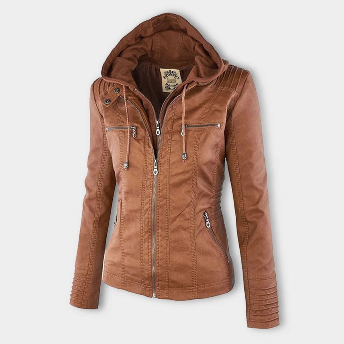 Damen Kunstleder Kapuzenjacke mit Reißverschluss Taillierter Women Coat