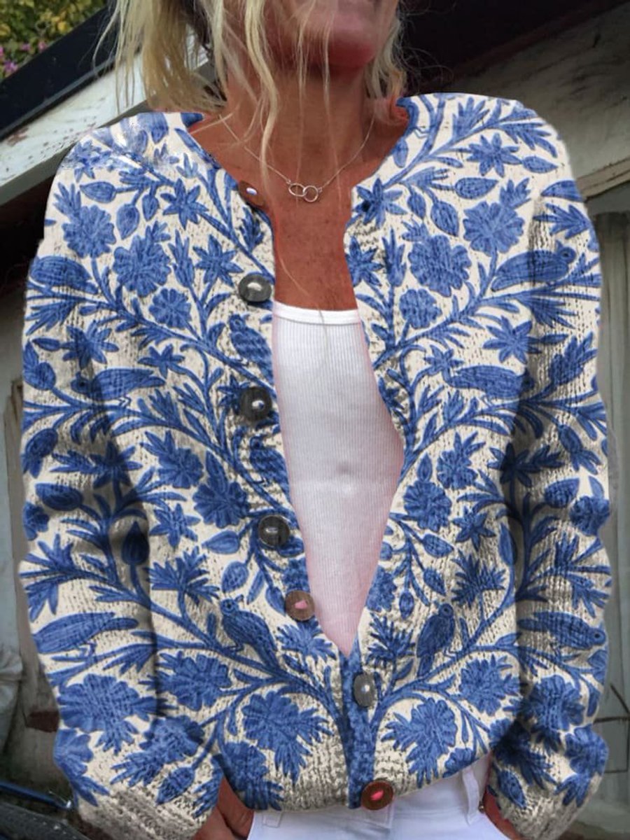 Damen Langarm Strick-Cardigan mit Blumenmuster - Stil 1