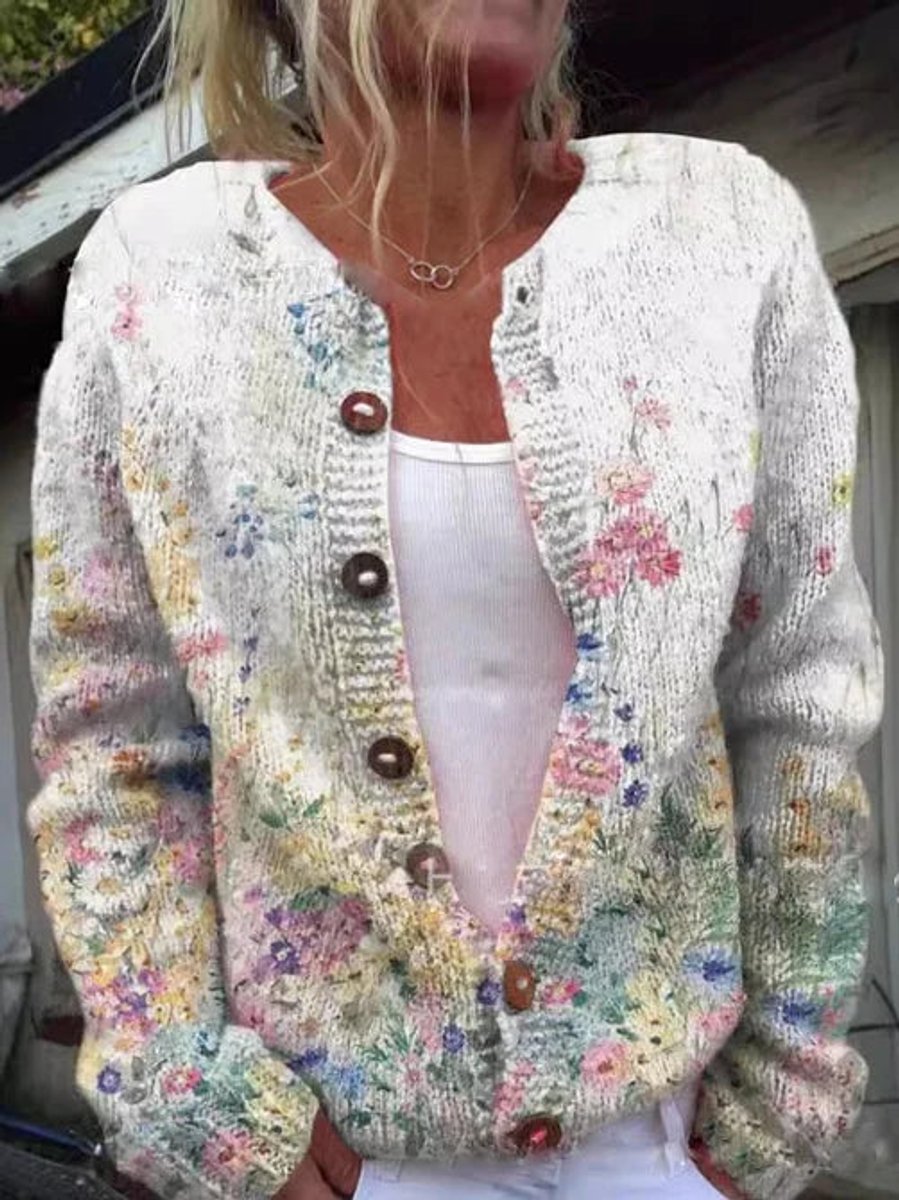 Damen Langarm Strick-Cardigan mit Blumenmuster - Stil 4