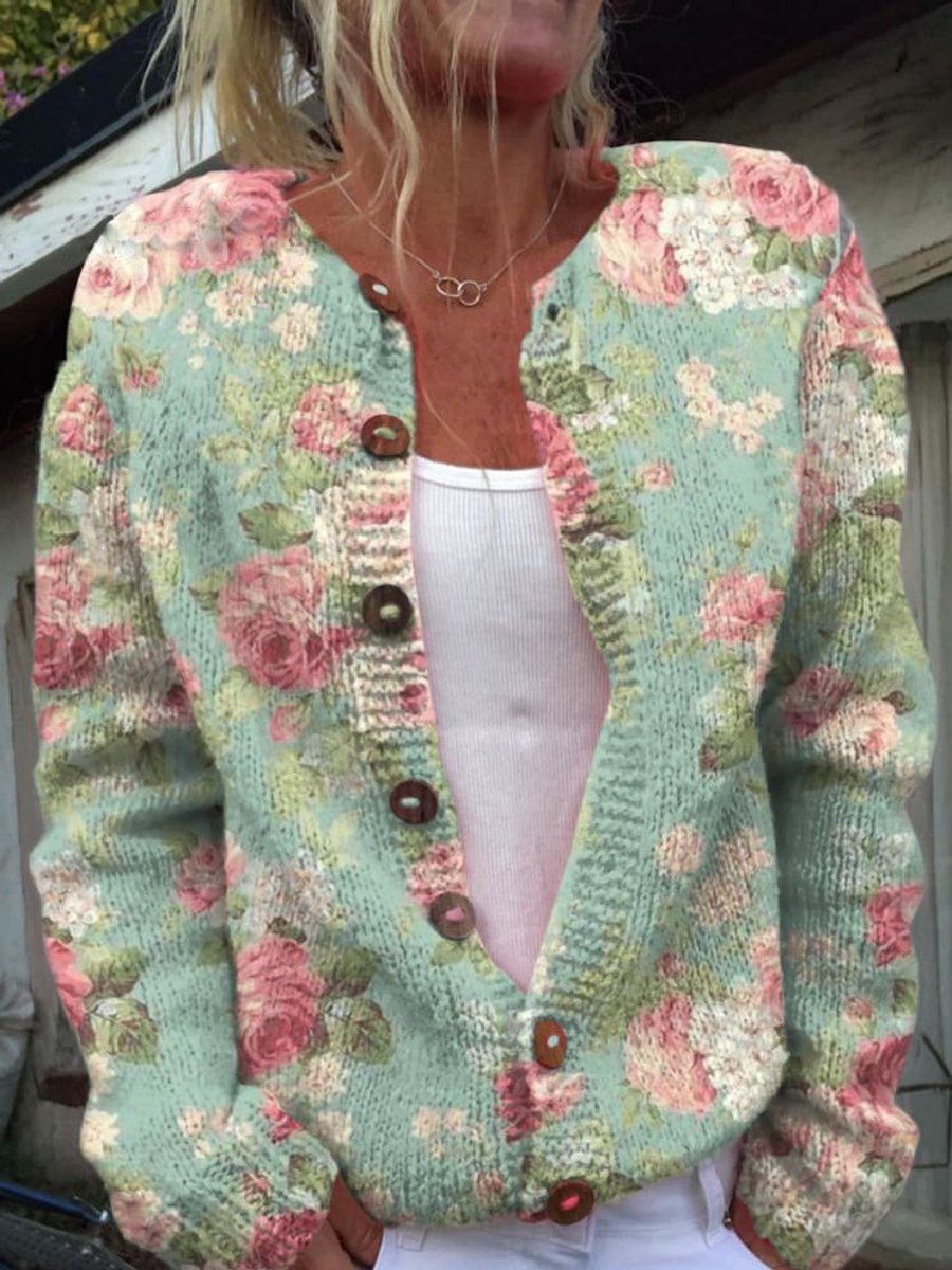 Damen Langarm Strick-Cardigan mit Blumenmuster - Stil 6