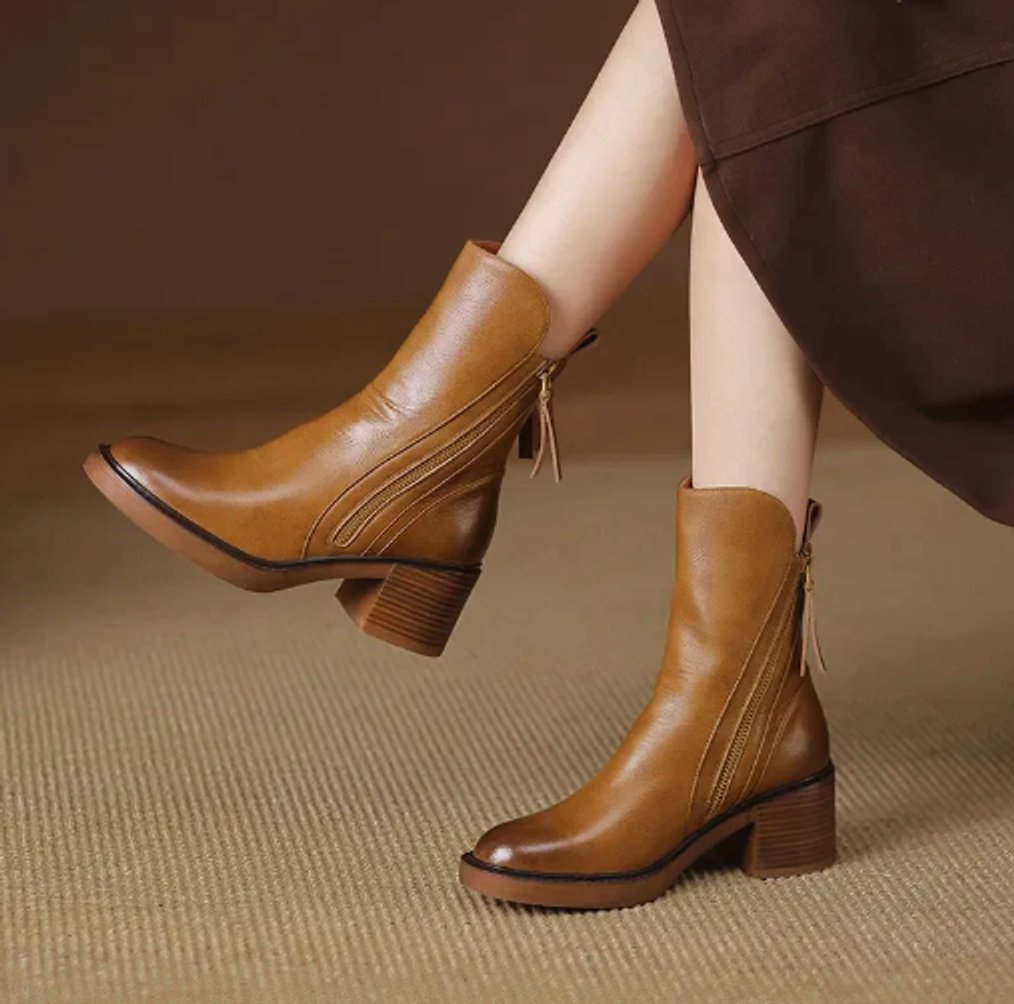 Damen Leder Ankle Boots mit Blockabsatz und Reißverschluss - Braun
