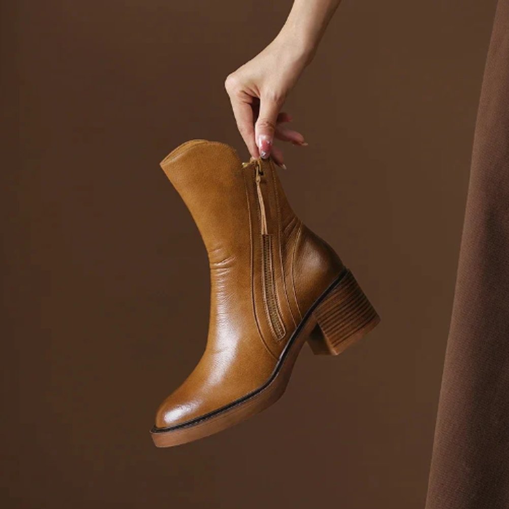 Damen Leder Ankle Boots mit Blockabsatz und Reißverschluss