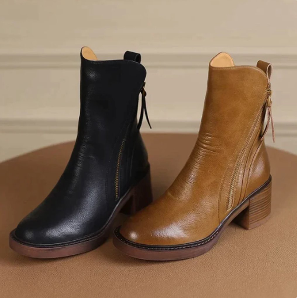 Damen Leder Ankle Boots mit Blockabsatz und Reißverschluss