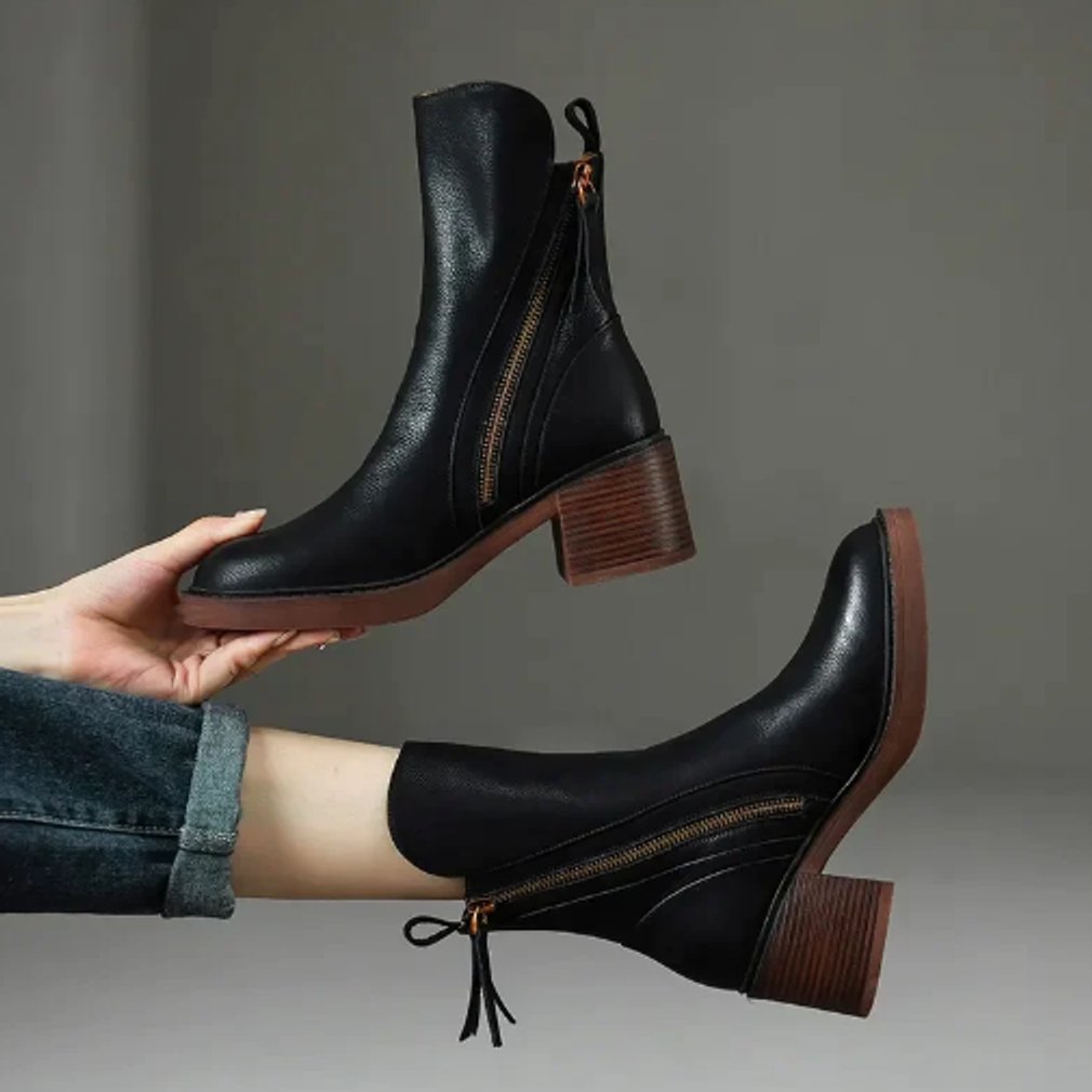 Damen Leder Ankle Boots mit Blockabsatz und Reißverschluss - Schwarz