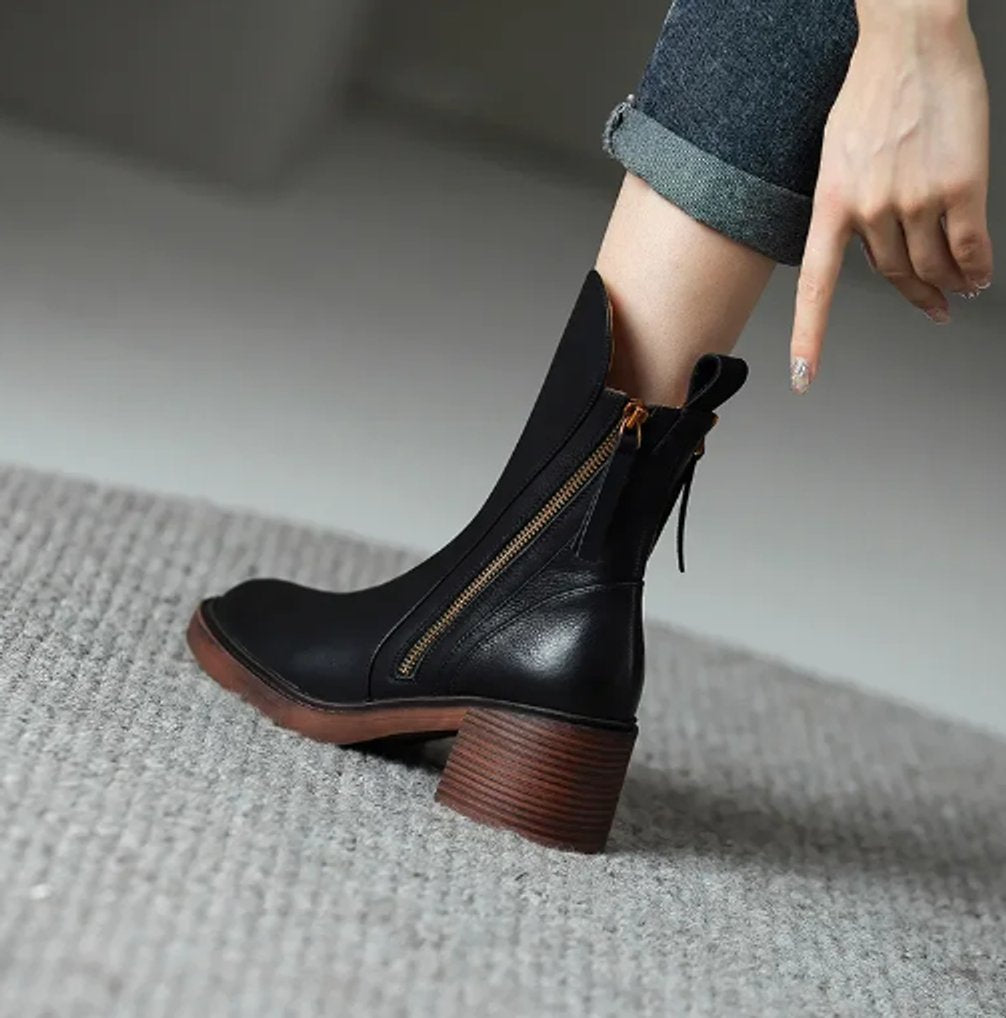 Damen Leder Ankle Boots mit Blockabsatz und Reißverschluss