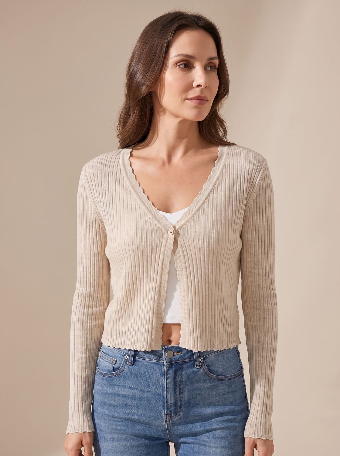 Damen Leichter Sommer-Strick-Cardigan mit V-Ausschnitt - Beige