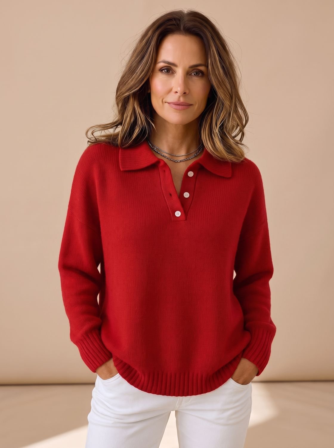 Damen Polo-Kragen Strickpullover mit Knopfleiste Relaxed Fit, Light Blue - Rot