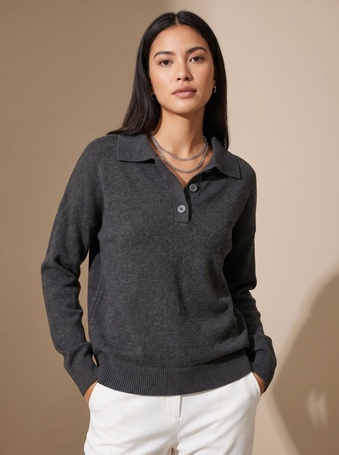 Damen Polo-Kragen Strickpullover mit Knopfleiste Relaxed Fit, Light Blue - Grau