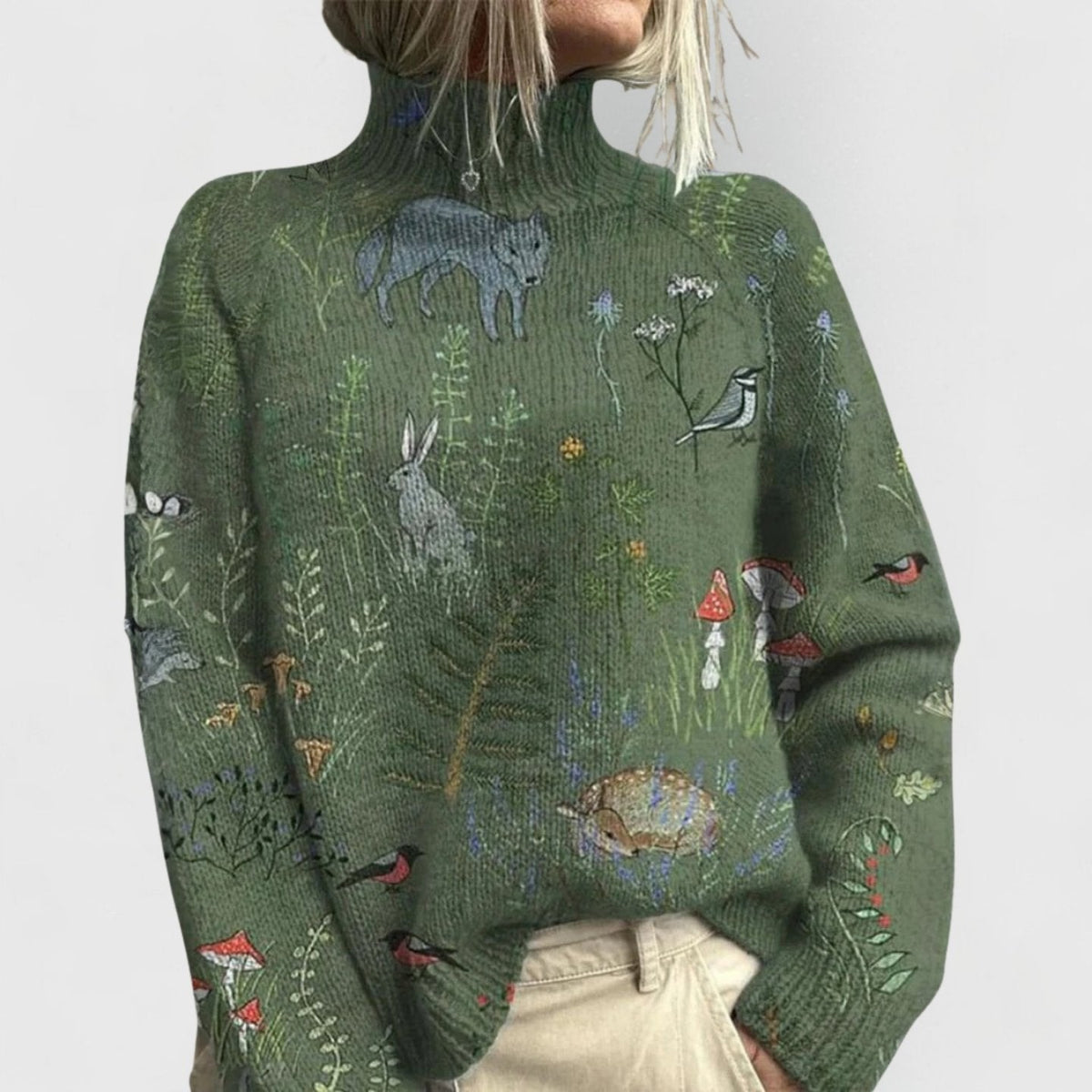 Damen Rollkragenpullover mit Blumenmuster Relaxed-Fit Strickpullover - Green