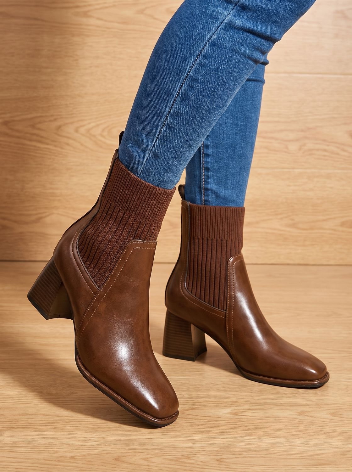 Damen Schlupf-Stiefeletten mit Blockabsatz und Strickschaft, Brown