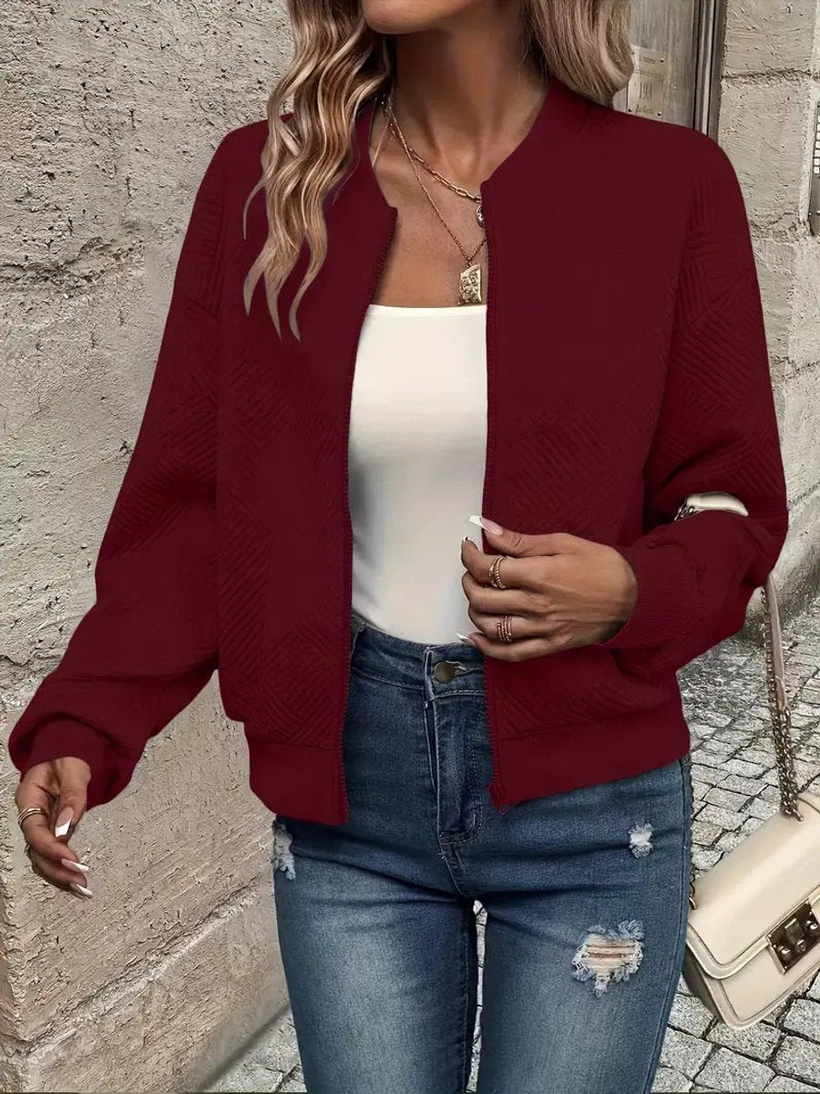 Damen Steppjacke leichte Zip-Up Bomberjacke strukturierter Stoff - Dunkelrot
